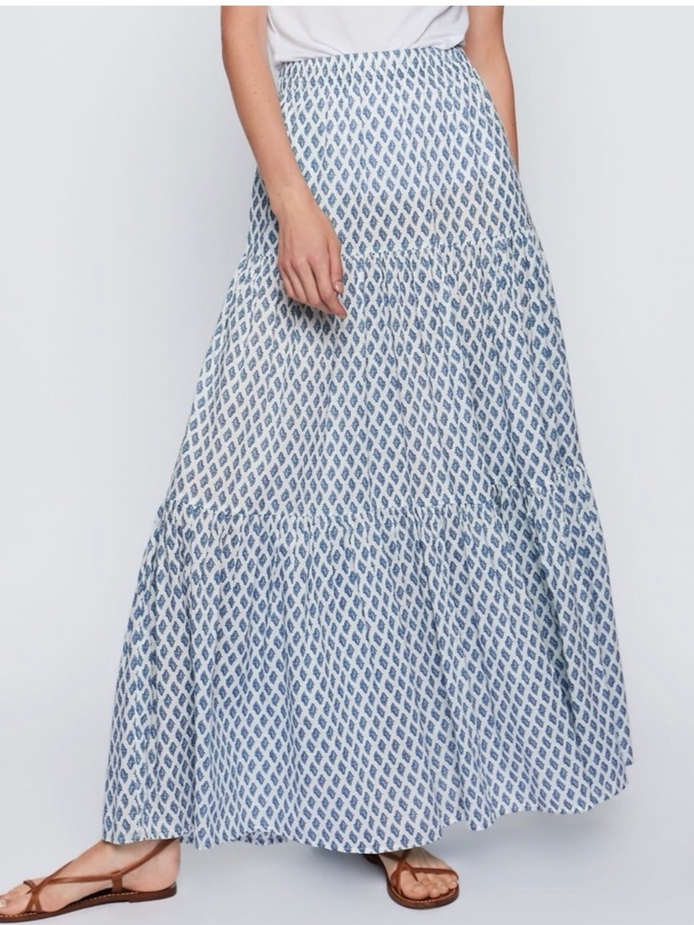 Zara Blue & White Printed Tiered Maxi Skirt | XS-S